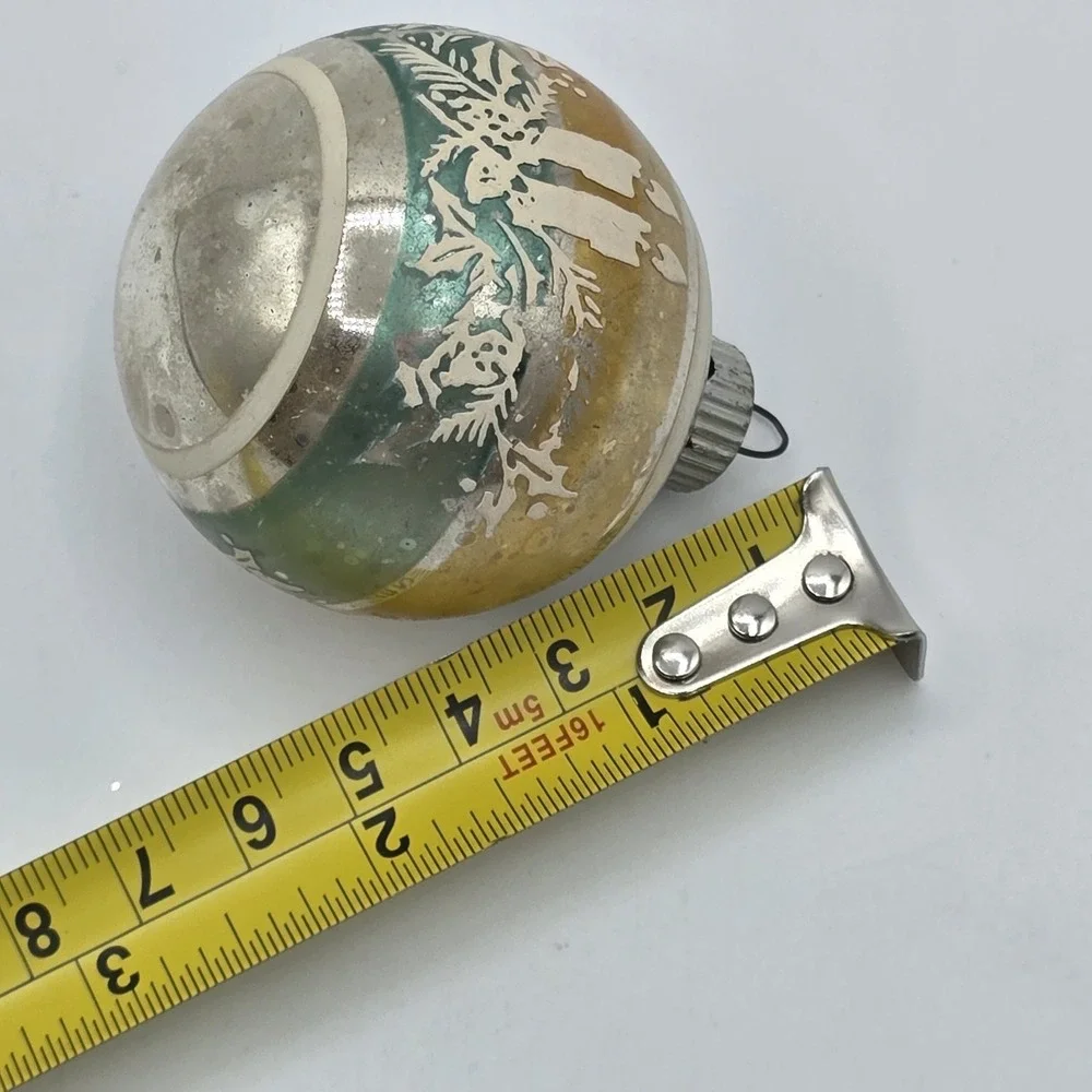 Vintage SHINY‎ BRITE Teal Gold Cabdle Holly Striped Stencil Christmas Ornament